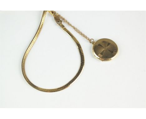 A 9ct gold circular locket on chain, together with a 9ct gold snake link necklace, total weight approx 13.5g (2)