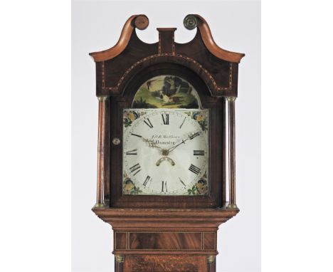 A George III oak and mahogany cross banded and inlaid longcase clock, the broken scroll swan neck pediment above an arched gl