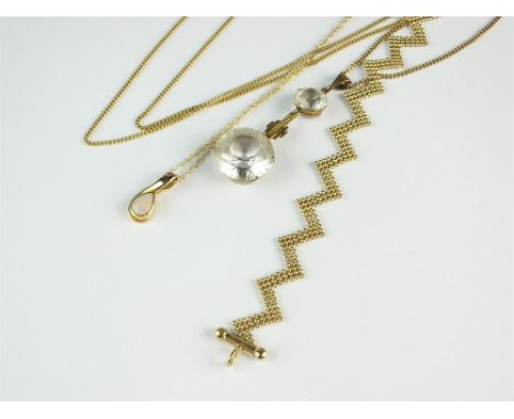 A 9ct gold stylised zig zag bracelet, together with a 9ct gold chain suspending two stone drop pendant, a 9ct gold mounted op