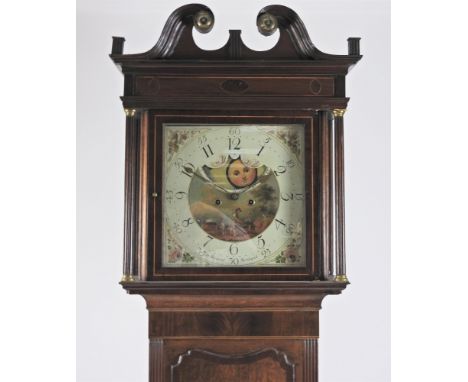 A George III oak and mahogany crossbanded and boxwood strung longcase clock with broken scroll pediment above a square glazed