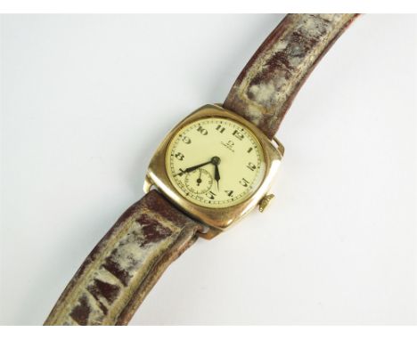 A Gentleman's 9ct gold Omega wristwatch, the cushion shaped dial with Arabic numerals and subsidiary seconds dial, manual win