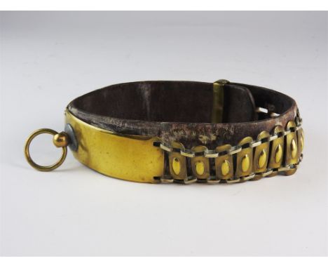 A Victorian brass and leather dog collar with gate link and band design and with dog lead ring, 50cm long
