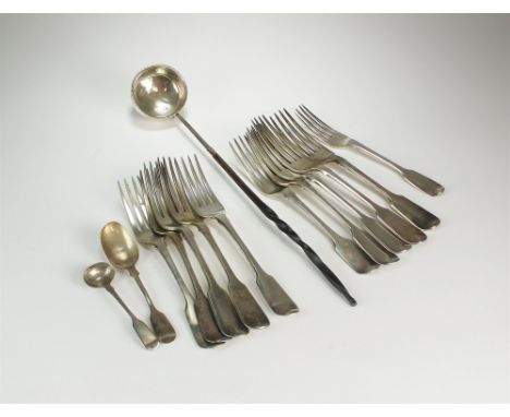 A collection of silver flatware, comprising; ten Fiddle pattern table forks, various dates and makers, a dessert fork, a teas