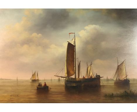 R Cavalla (20th century), Fishing boats on a calm sea, signed lower left, oil on canvas, 51 x 77cm