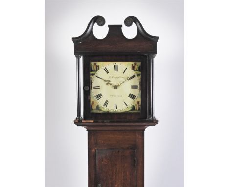 A George III oak cased cottage longcase clock, the broken scroll swan neck pediment above a square glazed door enclosing an 1