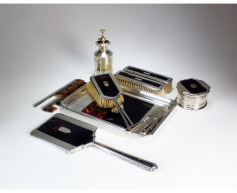 A silver and tortoiseshell mounted dressing table set, Barker Brothers Silver Ltd, Birmingham 1937-38, comprising; a rectangu