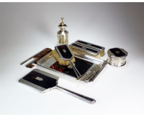 A silver and tortoiseshell mounted dressing table set, Barker Brothers Silver Ltd, Birmingham 1937-38, comprising; a rectangu