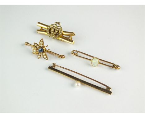 A sapphire and seed pearl bee brooch, together with a seed pearl set entwined heart bar brooch, a single cultured pearl bar b