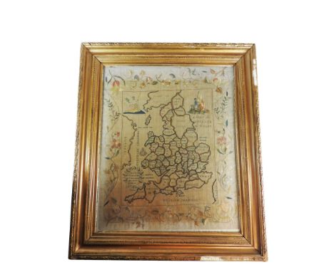 A fine silk needle work sampler by Mary Bowes, dated 1800, showing a map of England and Wales and the counties thereof and wo