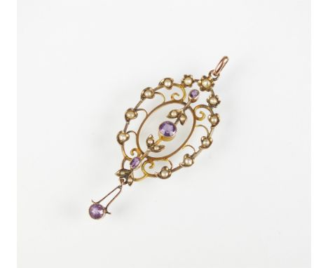 An Edwardian amethyst and split pearl pendant, of typical openwork design with amethyst set drop, the yellow metal reverse st