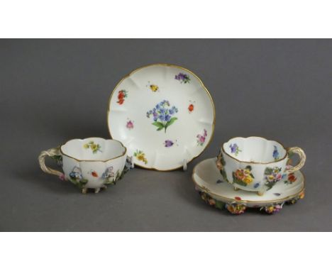 A pair of Meissen floral encusted teacups and saucers 19th century, painted in polychrome with flowers and insects, teacups s
