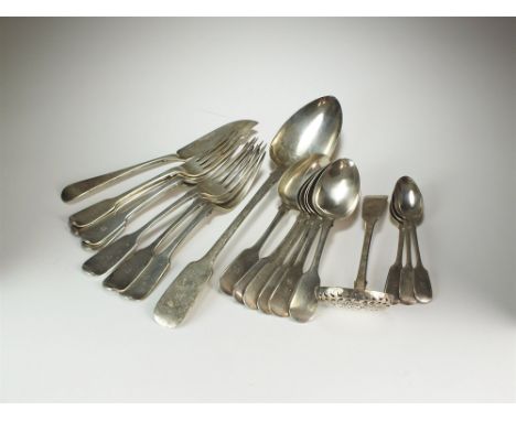 A harlequin set of silver Fiddle pattern flatware, various dates and makers, comprising; a basting spoon, eleven table forks,
