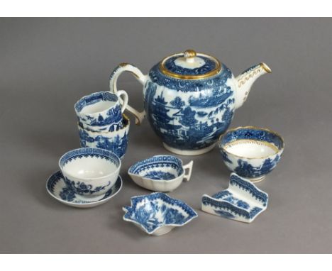 Nine pieces of Caughley porcelain, circa 1775-85, comprising a leaf form butter boat, pickle leaf dish, asparagus server, tea