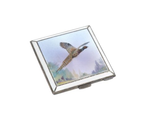 A sporting interest silver and enamel compactH.Clifford Davis Ltd, Birmingham, 1951 Of square form, the enamel cover decorate