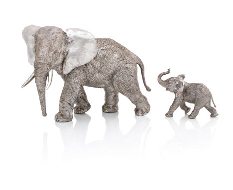 A modern silver model of an elephant and calf ensuiteBy Asprey &amp; Co Plc, London 1985 Realistically cast, the calf with tr
