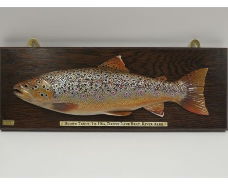 A CARVED WOODEN MODEL OF A BROWN TROUT BY ROGER BROOKESThe naturalistically carved and painted salmon on an oak mount inscrib
