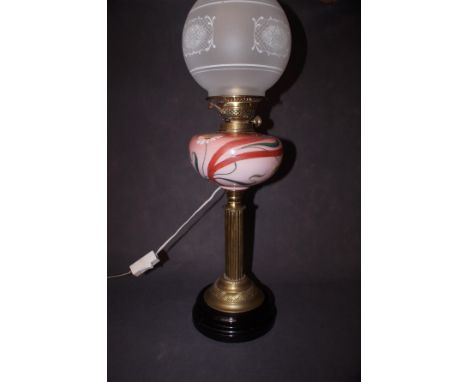 Victorian Oil Lamp with Hand Painted Reservoir Globe and Chimney Converted to Electric - 70cm (with Chimney)