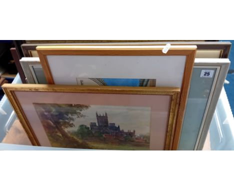A collection of eleven pictures, to include various watercolours of rural, urban, and dockside subject matter, a J Cary print