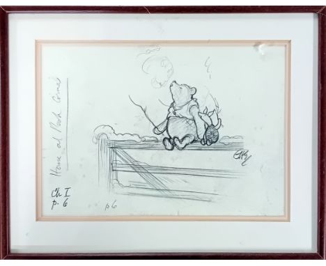 In the manner of E.H. Shepard, a reproduction print of page 6 of 'The House at Pooh Corner', showing Pooh and Piglet sitting 