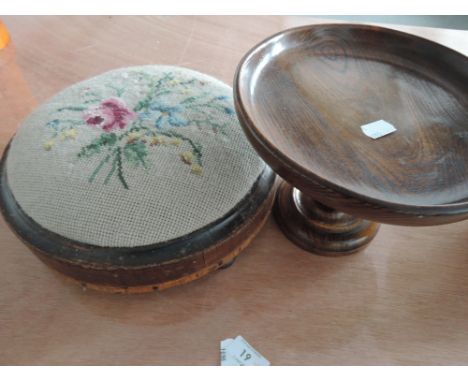 A tapestry covered footstool and treen tazza