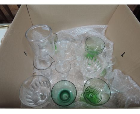 A box of vintage glassware including 19th century celery vase