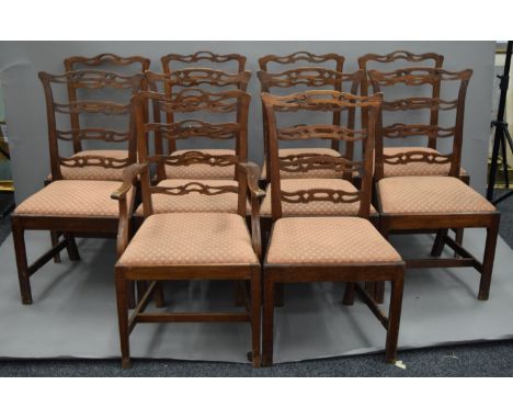 A harlequin set of ten mahogany ladder back dining chairs. 