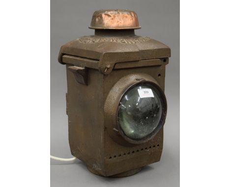 A vintage cast iron and copper railway lamp (converted). 39 cm high.