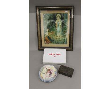 A set of four limited edition Chinese plates, an early 19th century framed Religious print, a small metal box and an old Firs