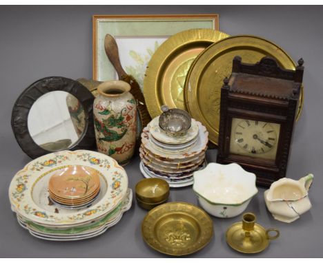 A quantity of miscellaneous items, including porcelain, pewter mirror, a mantle clock, etc.