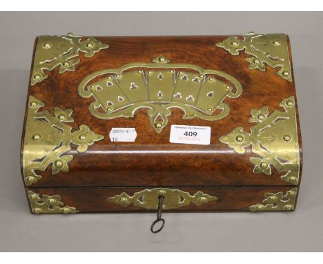 A Victorian brass and walnut playing card box. 26.5 cm wide.