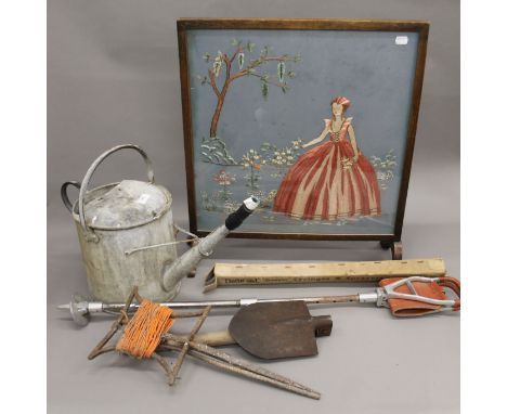 An embossed fire screen, a shooting stick, a folding shovel, a watering can, etc.