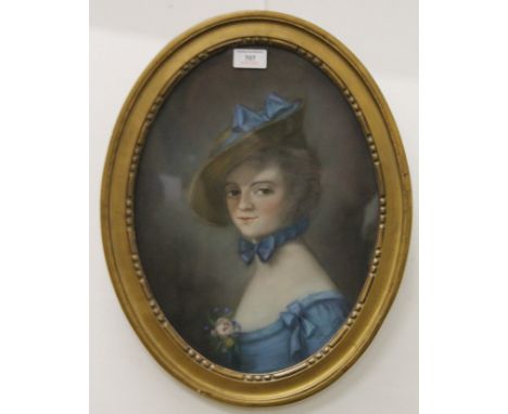 Portrait of a Young Lady 'Blue Bows', pastel, signed BLANCHE TERRY, framed and glazed. 36.5 x 46.5 cm overall.