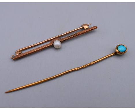 An unmarked 9 ct gold turquoise set stick pin and a 9 ct gold seed pearl set bar brooch. The former 7 cm long. 3.3 grammes to