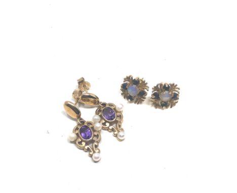 2 x 9ct gold gemstone earrings inc. amethyst, opal, sapphire, pearl (4.6g) 