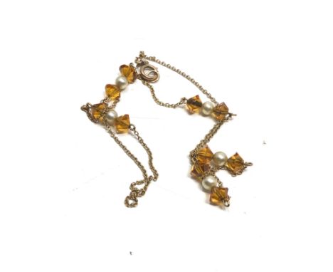 9ct gold vintage faux pearl and orange paste stone necklace (2.5g) 