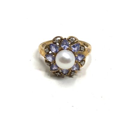 9ct gold diamond, tanzanite, &amp; pearl dress dress ring (3.7g) 