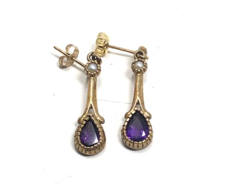 9ct gold vintage pearl &amp; amethyst drop earrings (2.1g) 