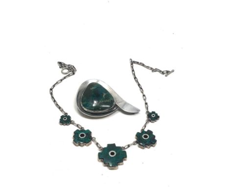 2 X Silver Jewellery Including Eilat .925 Brooch &amp; .950 Azurite Panel Necklace (53g) 