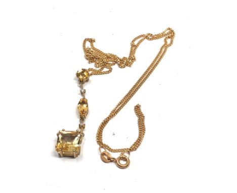 9ct gold vintage citrine &amp; diamond five stone long drop pendant necklace (4.1g) 