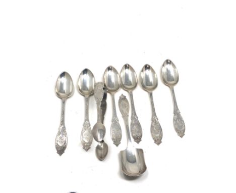 Fine Set of scottish silver tea spoons tea caddy spoon &amp;  sugar tongs weight 167g 