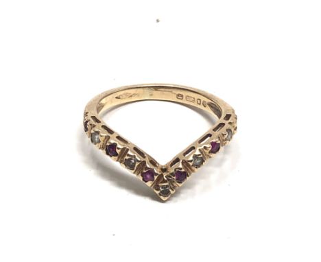 9ct gold vintage ruby &amp; diamond wishbone ring (1.9g) 