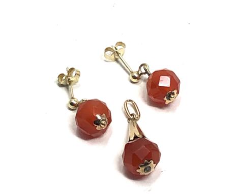 2 x 14ct vintage faceted carnelian drop pendant &amp; earrings set (4.9g) 