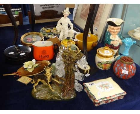 A quantity of ornaments including German hand painted Alsatian glass decanter stand, Carlton Ware Haig water jug, lacquer cir