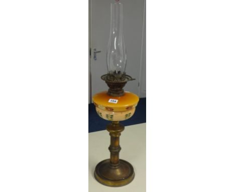 Victorian oil lamp with coloured glass reservoir, height 69cm