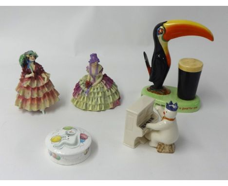 Various china ware including Carlton Ware Toucan Guinness table lamp (damaged tail), two Royal Doulton figures HN1490 Chloe &