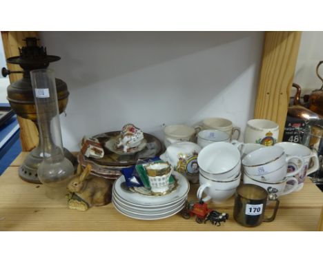 Various royalty mugs etc. old brass oil lamp sundry plates, stone bottles and metalware