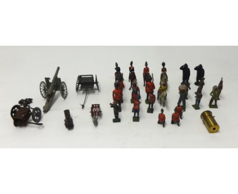 Diecast French gun carriage, also small collection of lead figures including soldiers, cowboys and life boat men and a miniat