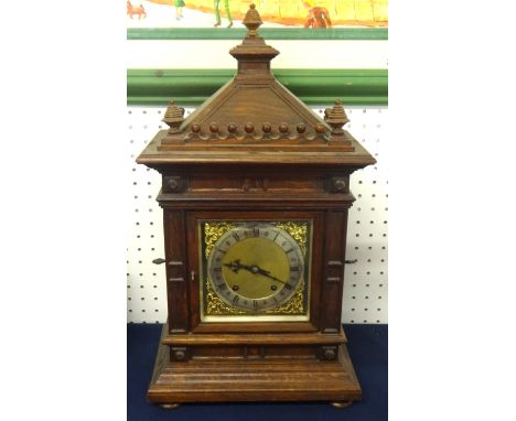 Victorian oak cased bracket clock, with 8 day movement striking on a gong, height 59cm