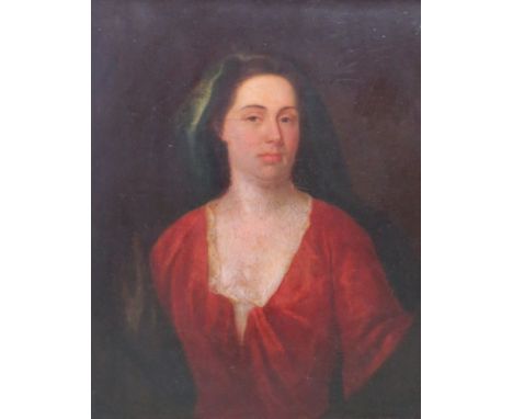 English School, 18th Century:  Half length portrait of a young lady wearing a green cloak and red dress.  Oil on canvas.  73.