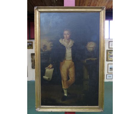 A large late 18th/early 19th Century gilt framed oil on canvas portrait of a young boy with globe and charts, wooded landscap